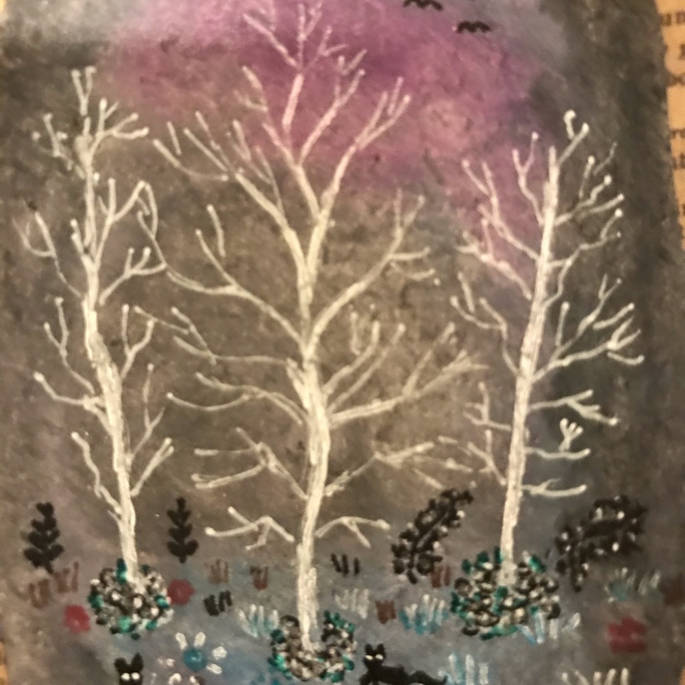 Original Painting Aceo forest and cats 2.5”x3.5”